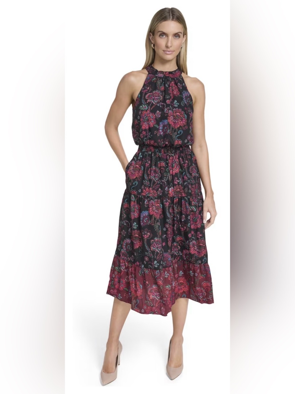 NWT Halter Floral Midi Dress in Black with Pink size XL